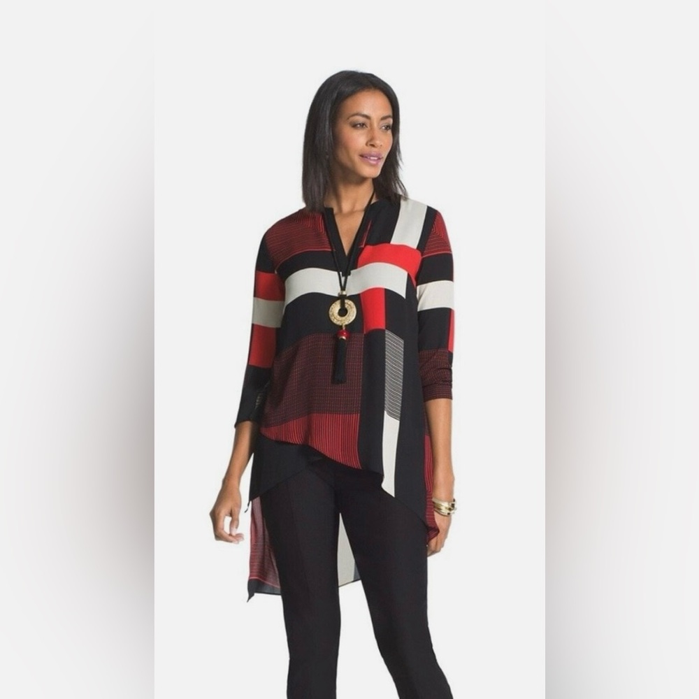 Chico's Red Black & Ivory Bold Mod Block Semi Sheer Chiffon Top Blouse